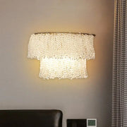 Modern gold sconce lamp featuring two tiers of clear crystal beads with fixture height for 220v-240v bedroom use