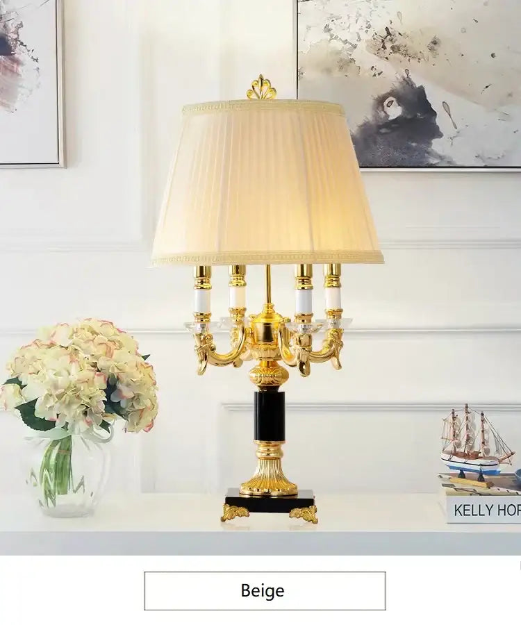 Elegant modern gold crystal black table lamp with beige pleated shade and crystal accents for decorbites crystal black setup