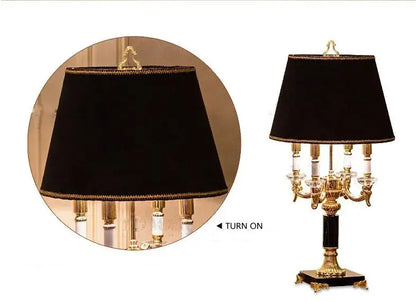Elegant black table lamp with velvet lampshade, gold trim, and ornate brass crystal black table base for decorbites crystal black use