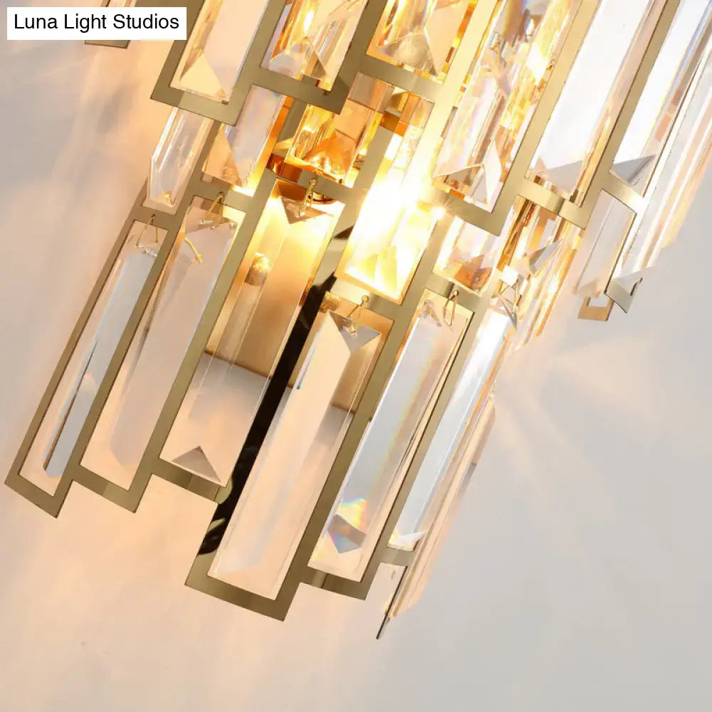 Modern gold crystal block sconce lighting wall lamp with geometric metal frames and clear crystal prisms