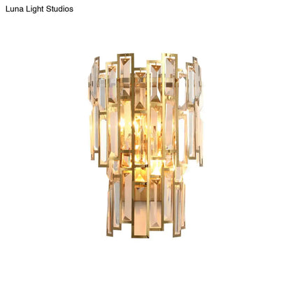 Modern gold crystal block sconce lighting wall lamp with cascading rectangular crystal panels for bedroom use