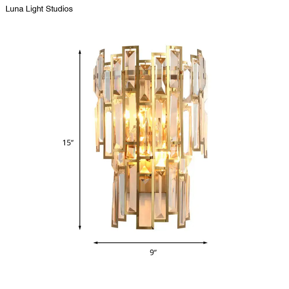 Modern gold crystal block sconce lighting wall lamp with cascading rectangular crystal prisms for bedroom use