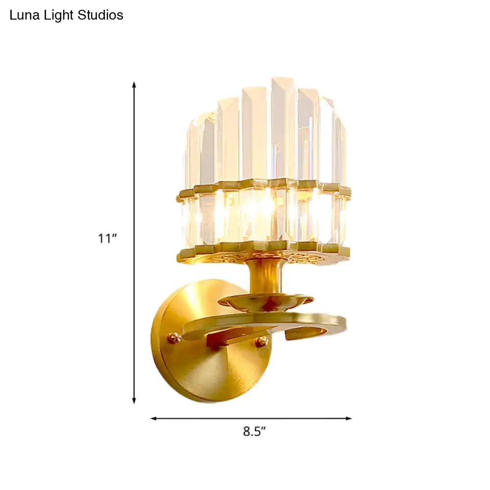 Modern gold crystal block wall lamp with tiered clear faceted prisms for living room wall sconce lighting