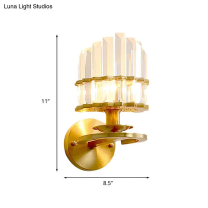 Modern gold crystal block wall lamp with tiered clear faceted prisms for living room wall sconce lighting