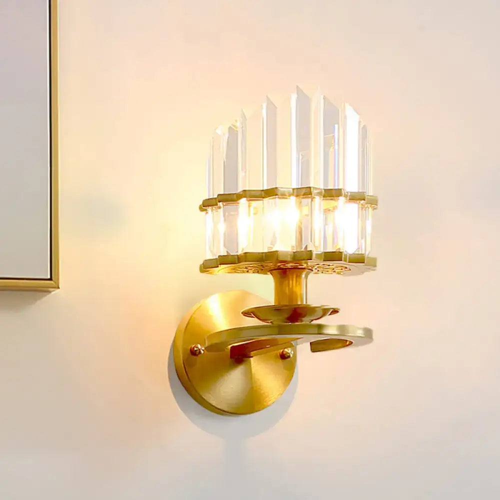 Modern gold wall lamp with tiered clear crystal block prisms for elegant living room lighting sconce