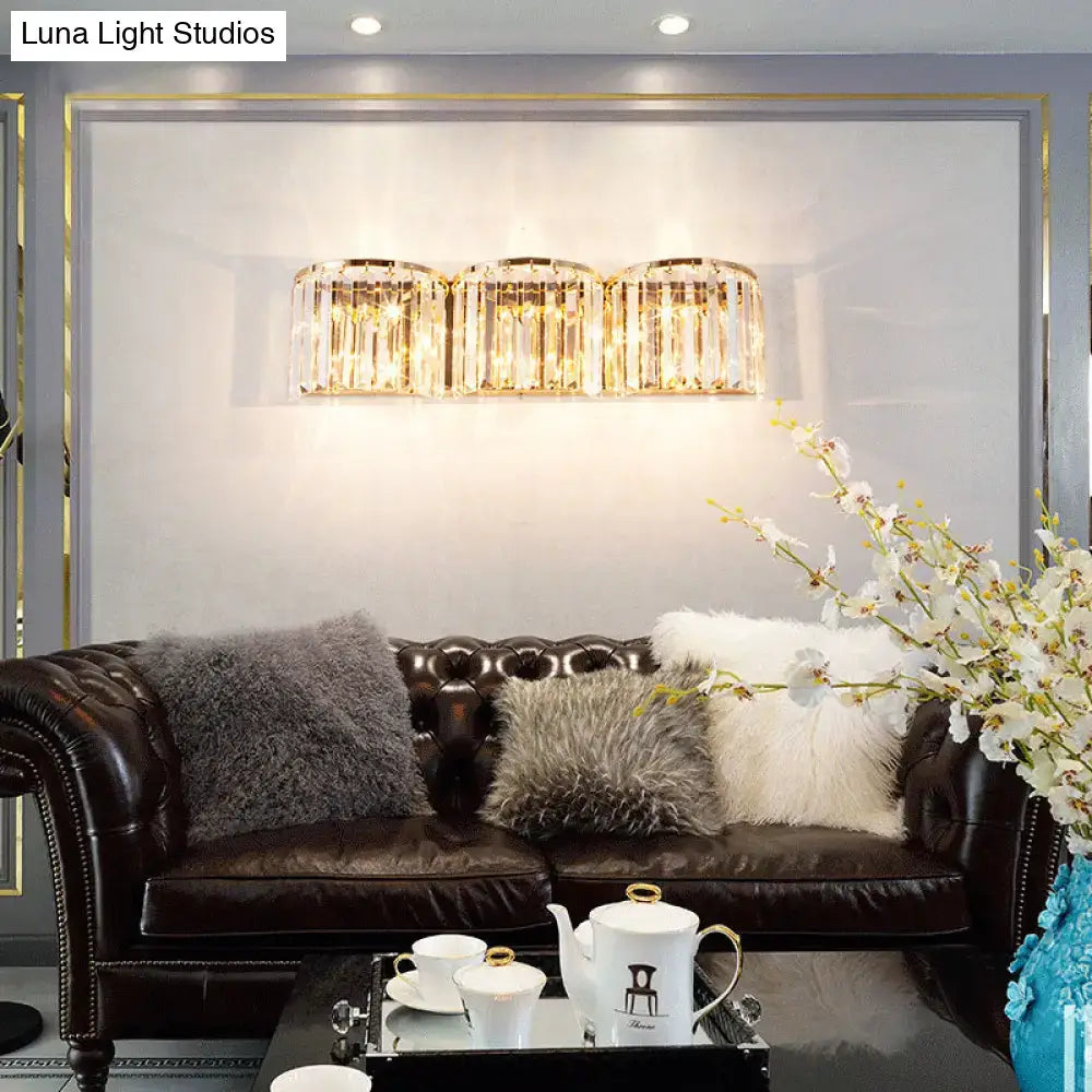 Modern gold-toned crystal block wall light with three cylindrical fixtures for living room 220v-240v and 110v-120v use