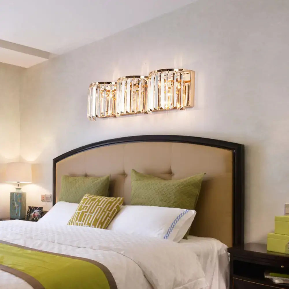Modern gold crystal block wall light with vertical faceted glass elements three-light fixture for 110v-120v use