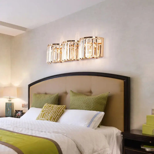 Modern gold crystal block wall light with vertical faceted glass elements three-light fixture for 110v-120v use