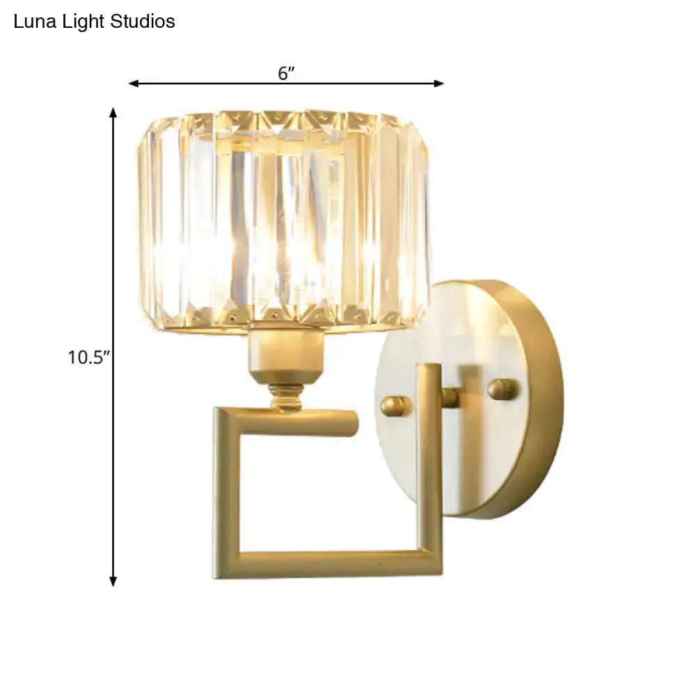Modern gold crystal block wall sconce with faceted crystal block shade for elegant bedroom lighting