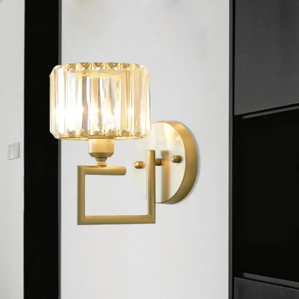 Modern gold crystal block wall sconce with faceted crystal glass shade for elegant bedroom lighting