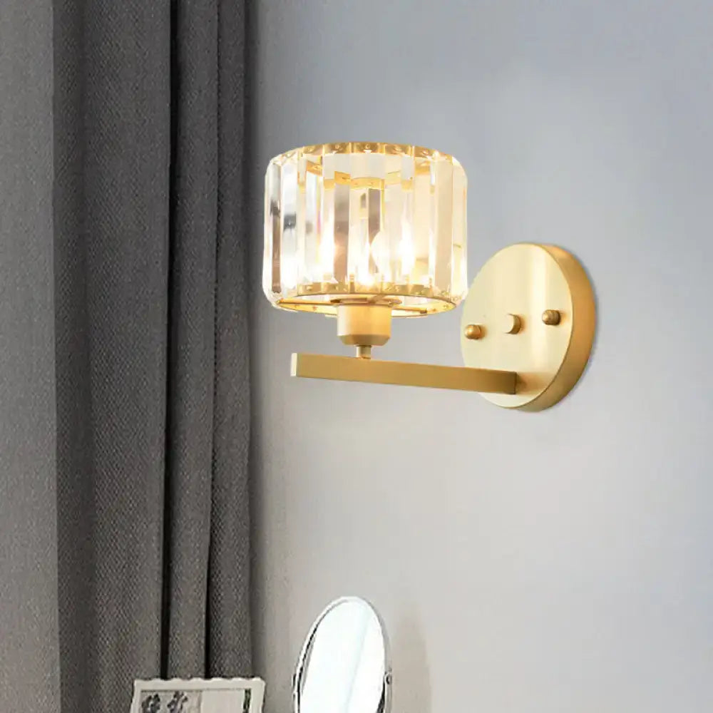 Modern gold crystal block wall sconce with faceted crystal block shade for elegant bedroom lighting