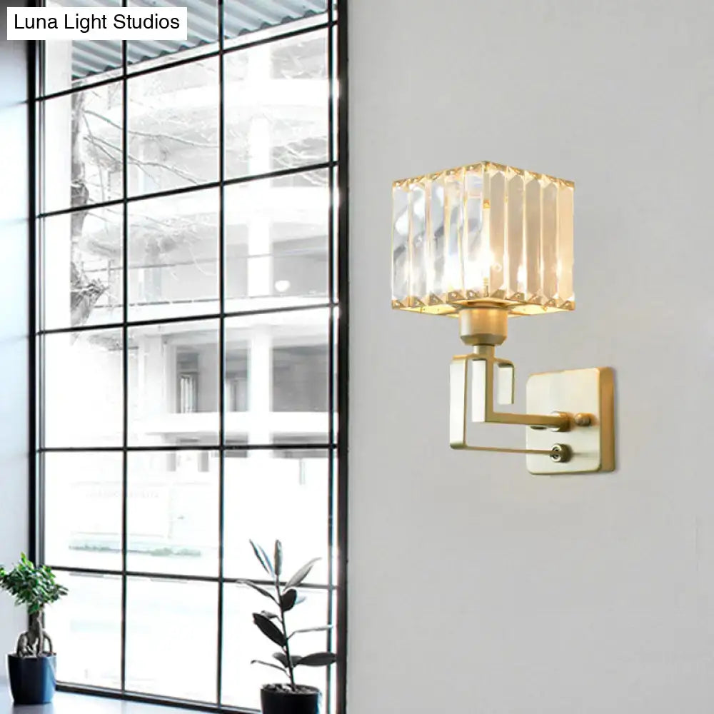 Modern gold crystal block wall sconce with faceted crystal glass shade for bedroom lighting