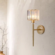 Decorbites gold crystal block wall sconce with iron pencil arm features a cylindrical crystal shade for led incandescent fluorescent bulbs
