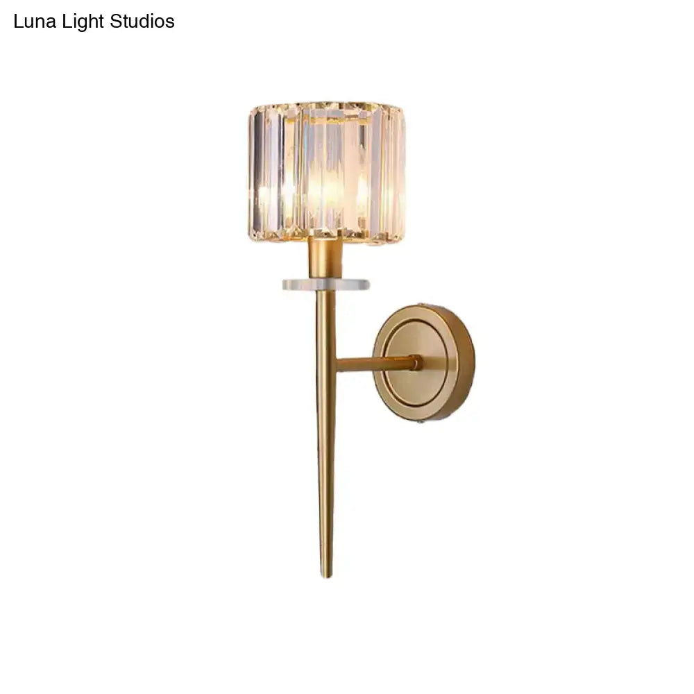 DecorBites gold crystal block wall sconce with iron pencil arm featuring a cylindrical faceted crystal shade for led incandescent fluorescent bulbs
