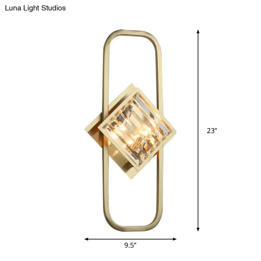 Modern gold crystal blocks wall lamp with rectangular frame and faceted centerpiece compatible with 110v-120v
