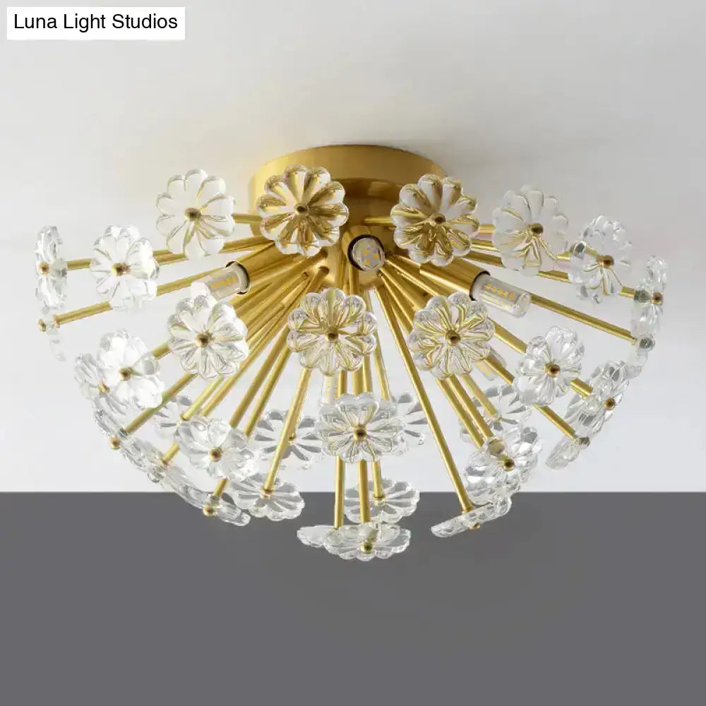 Decorbites modern crystal bouquet ceiling lamp in gold with clear flower-shaped glass elements and fixture height for bedroom lighting