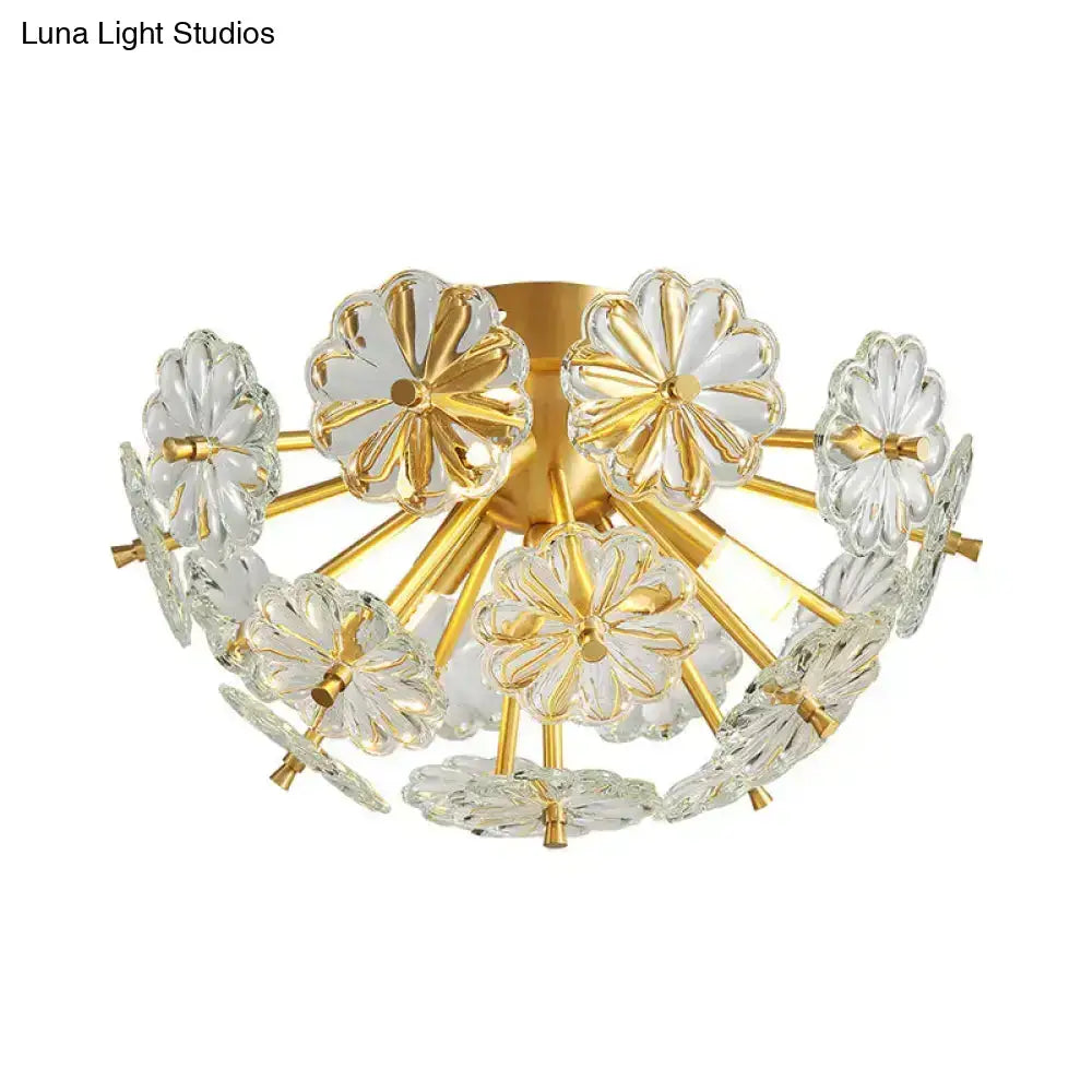 Gold-toned decorbites™ modern crystal bouquet ceiling lamp with clear flower-shaped glass shades and fixture height details