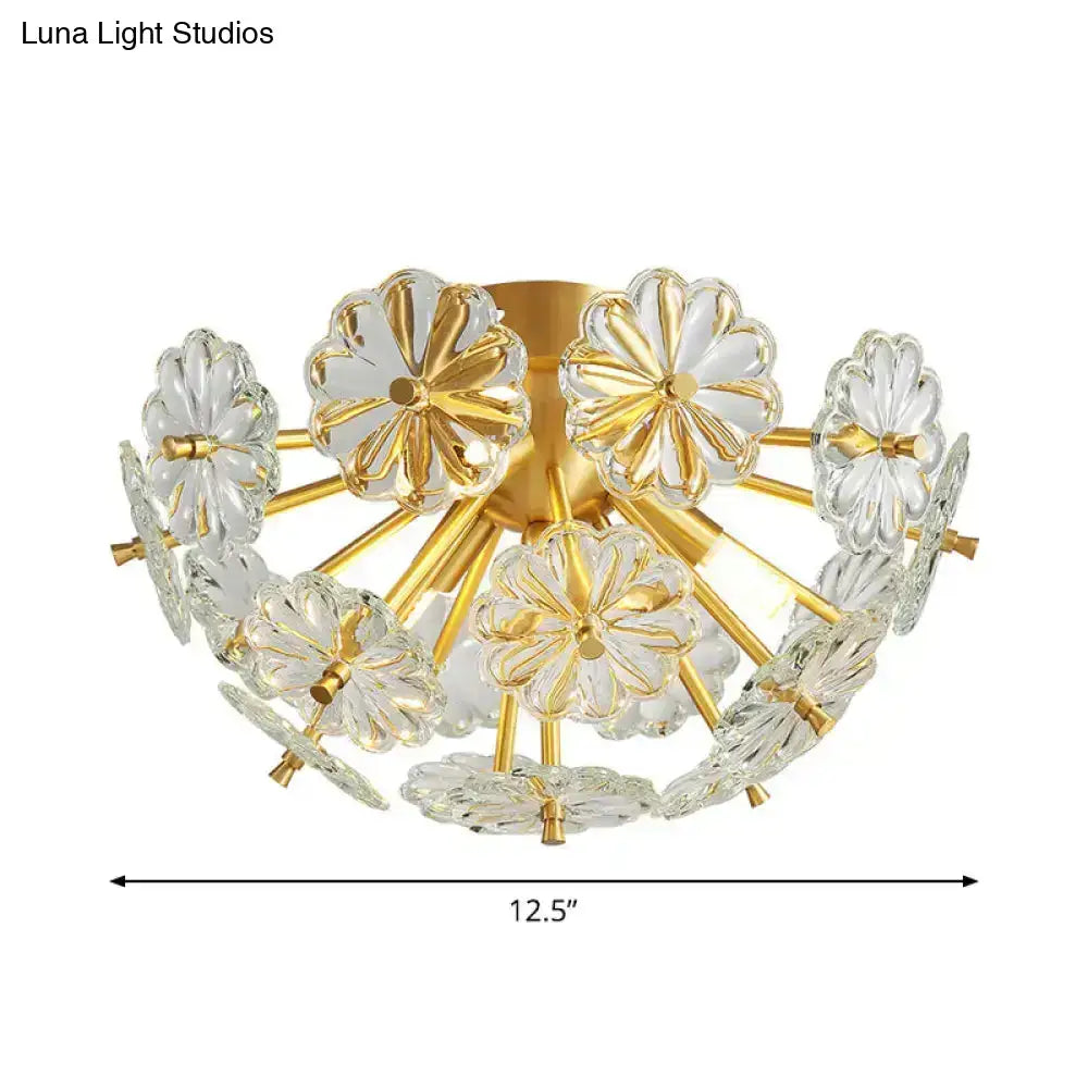 Gold-toned decorbites modern crystal bouquet semi flush mount ceiling lamp with clear glass flowers and fixture height detail
