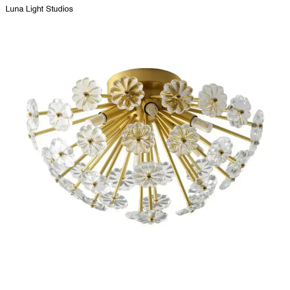 Gold-toned DecorBites™ crystal bouquet ceiling lamp with clear glass flower-shaped shades and semi flush mount fixture height