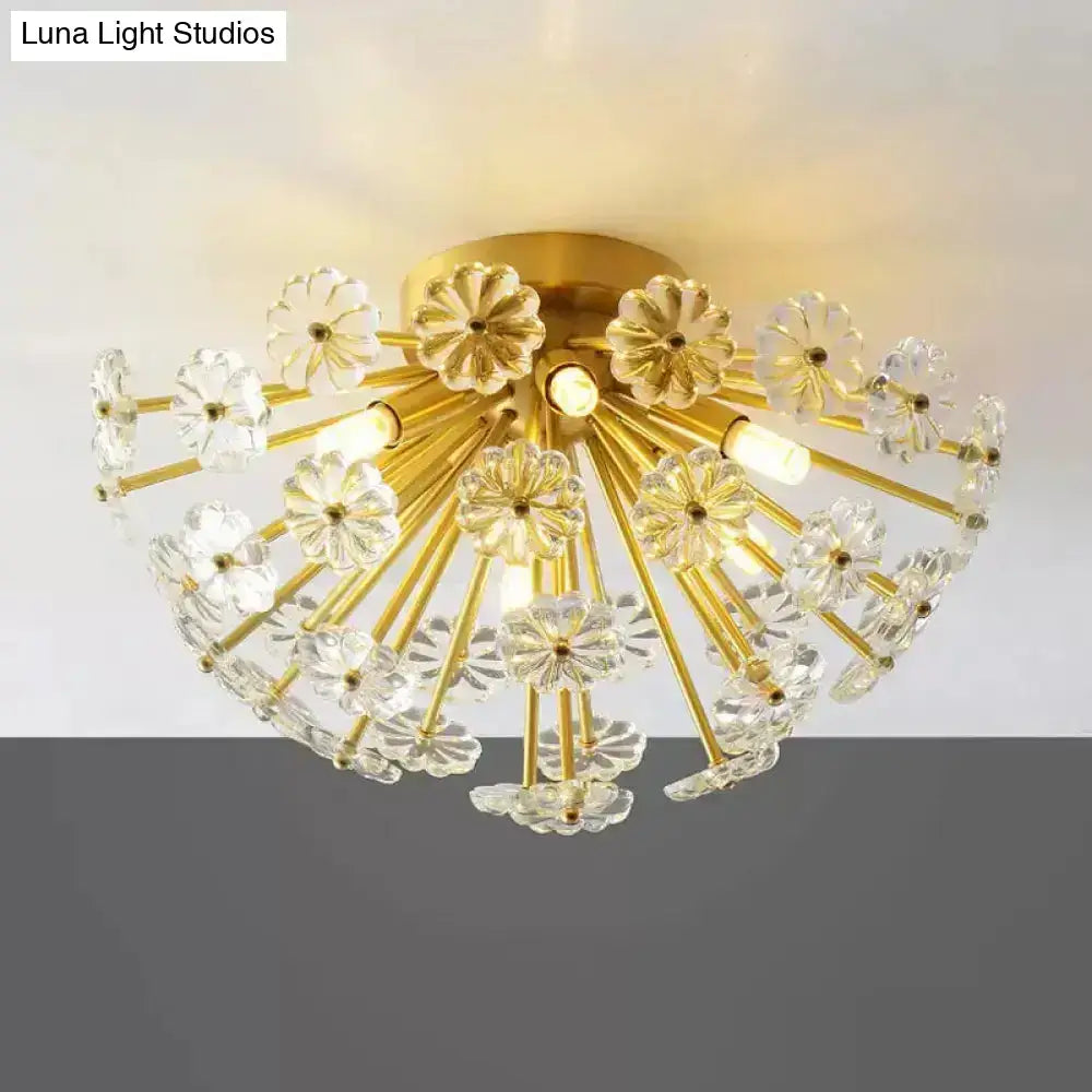 Decorbites modern crystal bouquet gold ceiling lamp with clear glass flower-shaped shades and fixture height details