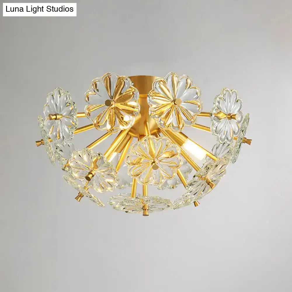 Gold-toned DecorBites modern crystal bouquet ceiling lamp with clear flower-shaped glass elements and fixture height detail