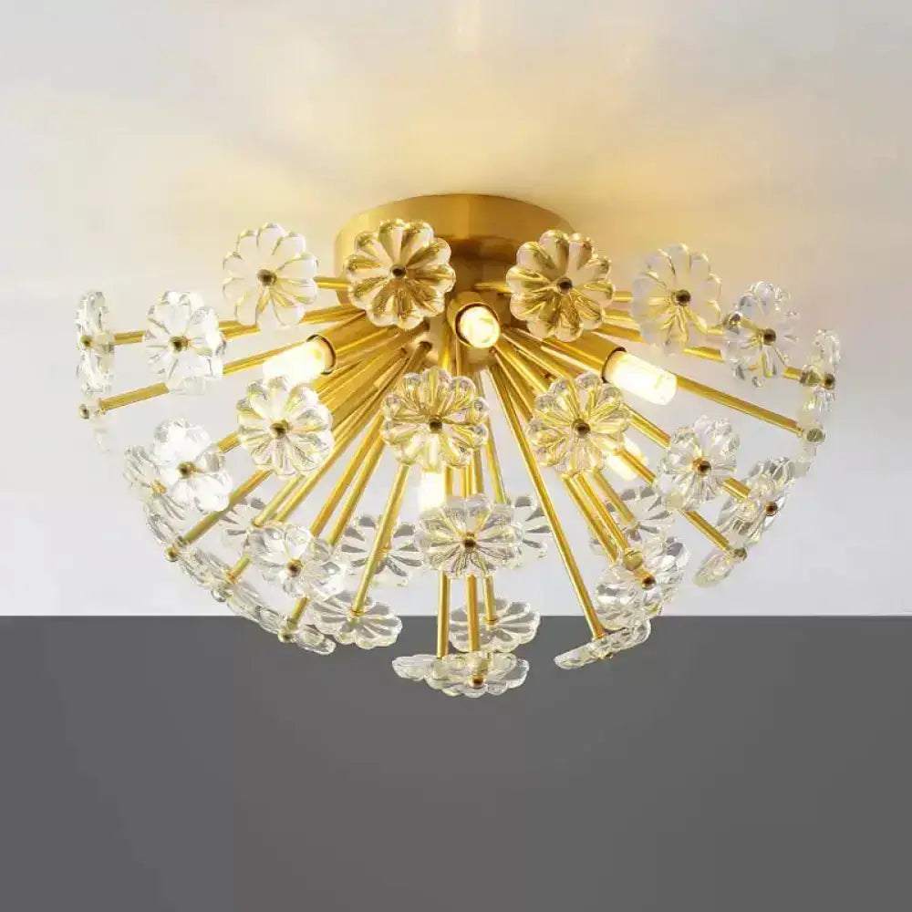 Gold-toned decorbites modern crystal bouquet semi flush mount ceiling lamp with clear glass flower accents and fixture height