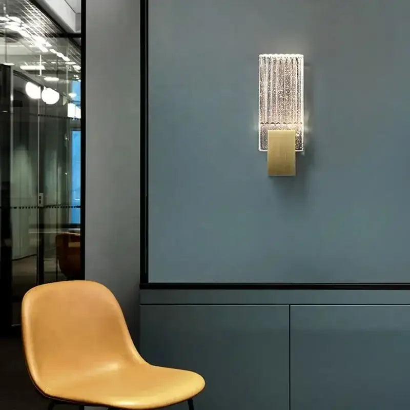 Modern gold crystal brass led wall lamp with rectangular textured glass panel for luxury living room decorbites crystal brass decor