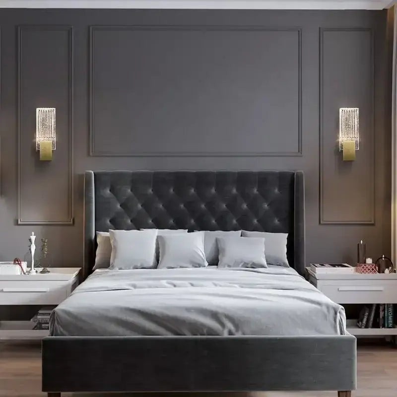 Modern gold crystal brass led wall lamp with dark gray tufted velvet headboard for luxury living room decorbites crystal brass design