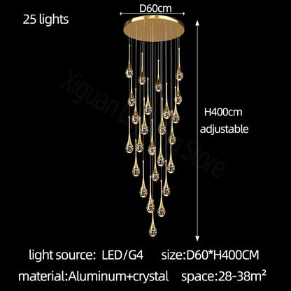 Modern gold decorbites crystal bubble chandelier with 25 crystal teardrop pendants and aluminum ceiling mount for dining room