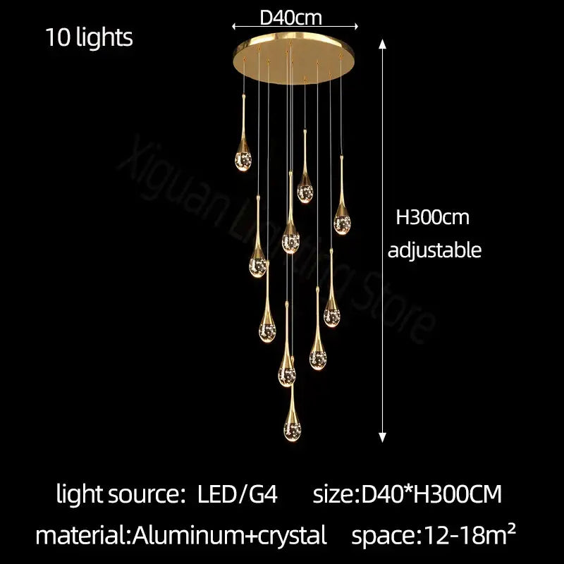 Modern gold crystal bubble chandelier featuring ten teardrop-shaped crystal pendants on aluminum base for dining room decorbites crystal bubble