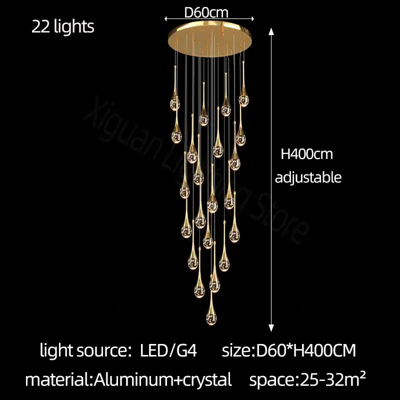 Modern gold decorbites crystal bubble chandelier with 22 teardrop-shaped crystal pendants for dining room decor