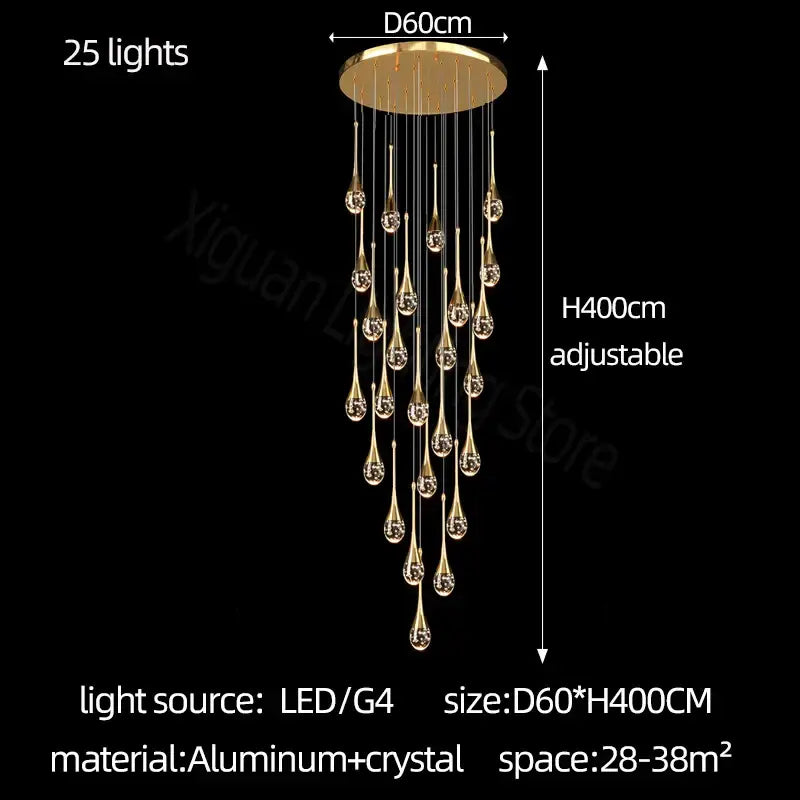 Modern gold crystal bubble chandelier with 25 teardrop crystal pendants on aluminum ceiling mount by decorbites crystal bubble