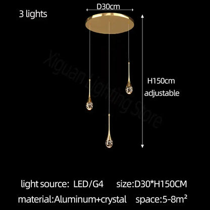 Modern gold crystal bubble chandelier with three teardrop-shaped crystal lights on aluminum ceiling plate for dining room decorbites crystal bubble