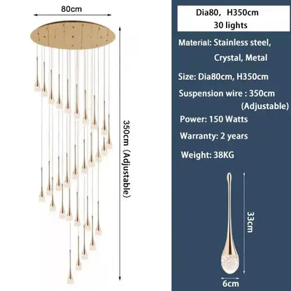 Modern gold crystal bubble chandelier with circular stainless steel top and 30 hanging decorbites crystal bubble lights