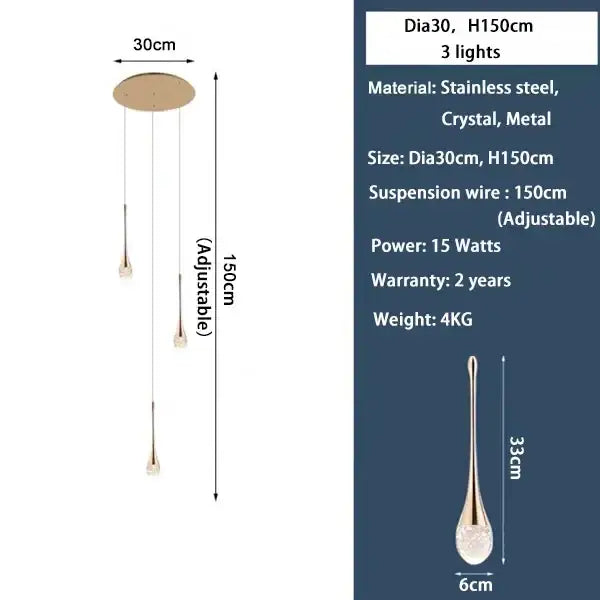 Modern gold crystal bubble chandelier with stainless steel mount and three crystal bubble teardrop pendants by decorbites crystal