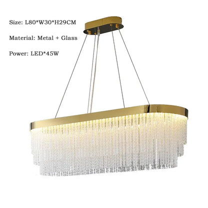 Modern gold crystal ceiling chandelier pendant light with gold-toned oval frame and cascading clear glass strands