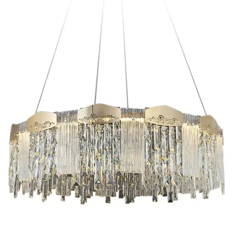 Modern gold crystal ceiling chandelier with brushed metal frame and cascading prisms for dining room decorbites crystal ceiling