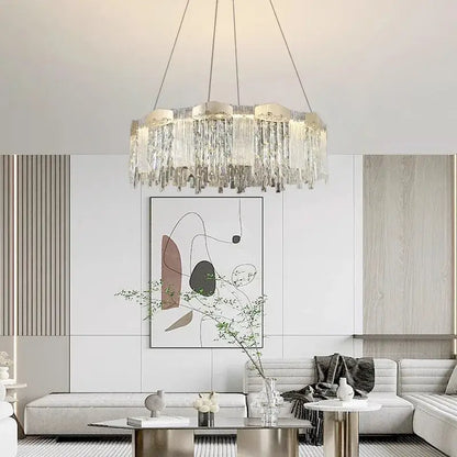 Modern gold crystal ceiling chandelier with cascading prisms and sleek metallic frame for dining room decorbites crystal ceiling