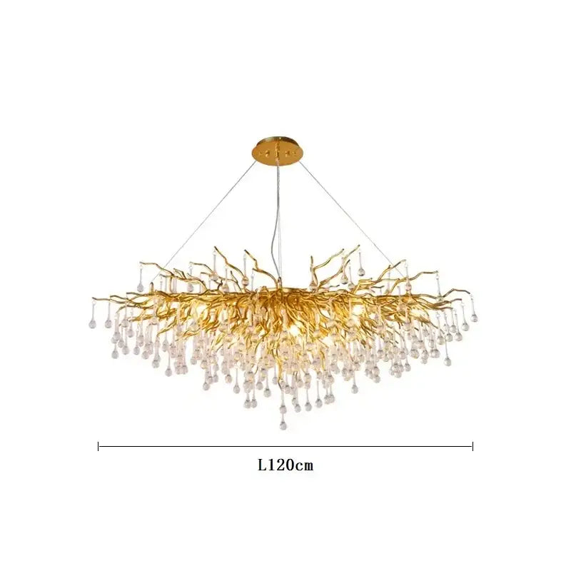 Modern gold crystal ceiling chandelier with intricate branch design and dangling crystal droplets by decorbites crystal ceiling