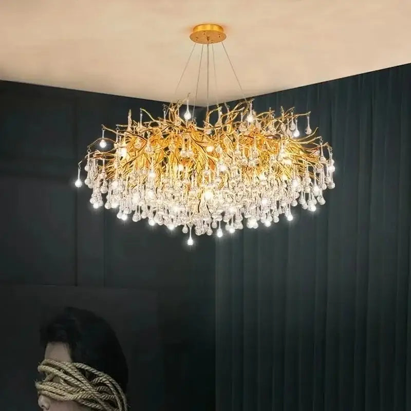Modern gold crystal ceiling chandelier with branch design and cascading clear crystal droplets by decorbites crystal ceiling