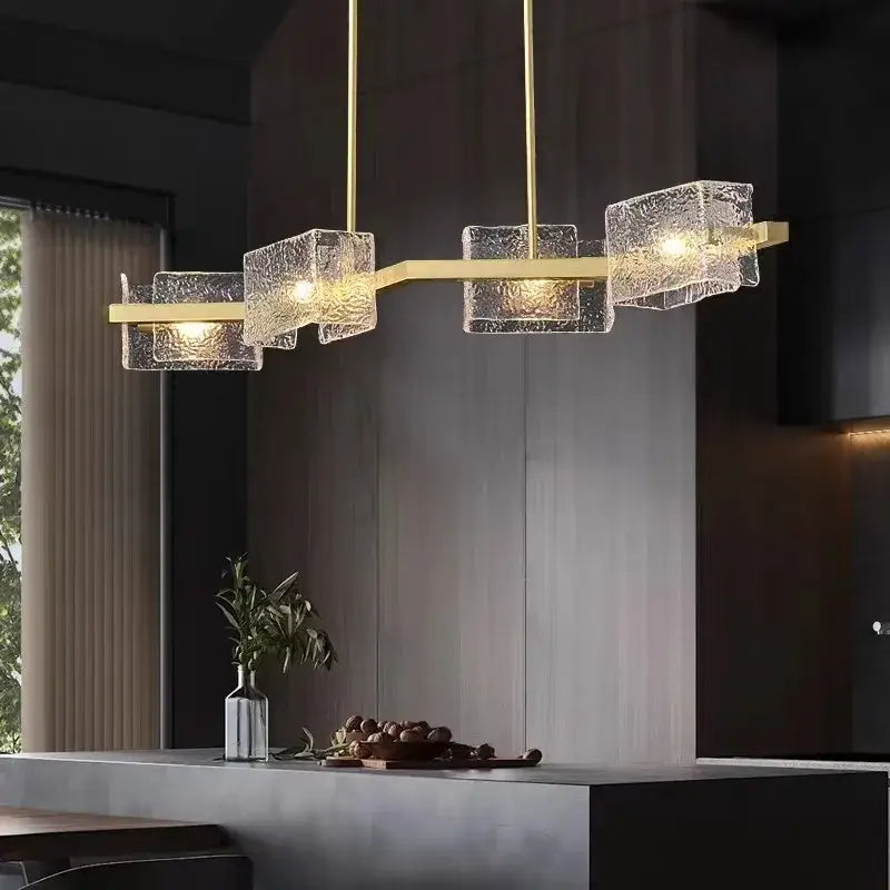 Modern gold crystal ceiling chandelier with textured clear glass cube shades by decorbites crystal ceiling decor