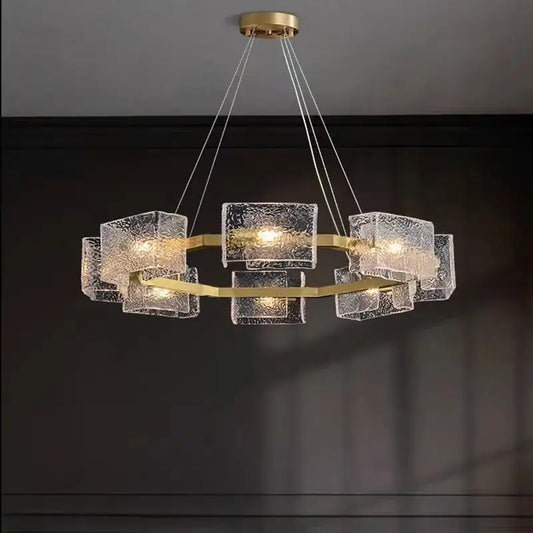 Modern gold crystal ceiling chandelier with textured translucent glass cubes by decorbites for living room decorbites crystal ceiling