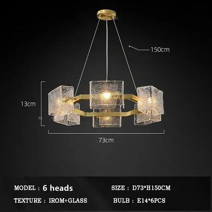 Modern gold decorbites crystal ceiling chandelier with six textured glass cube shades for living room lighting