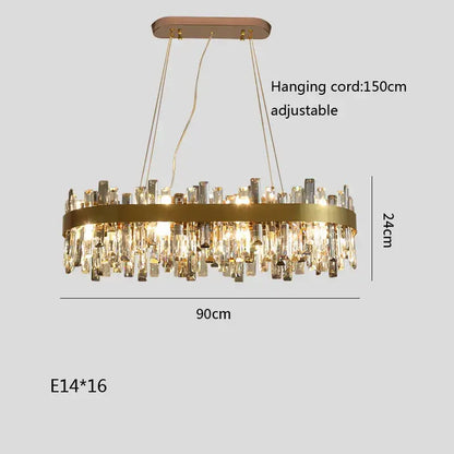 Modern gold crystal ceiling chandelier with cascading clear crystal prisms and brushed metal frame by decorbites crystal ceiling