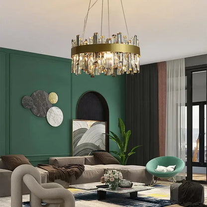 Modern gold crystal ceiling chandelier with cascading clear crystal prisms for elegant living room decorbites crystal ceiling