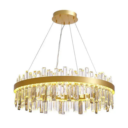 Modern gold crystal ceiling chandelier with cascading clear crystal rods and illuminated inner ring for living room decorbites crystal ceiling