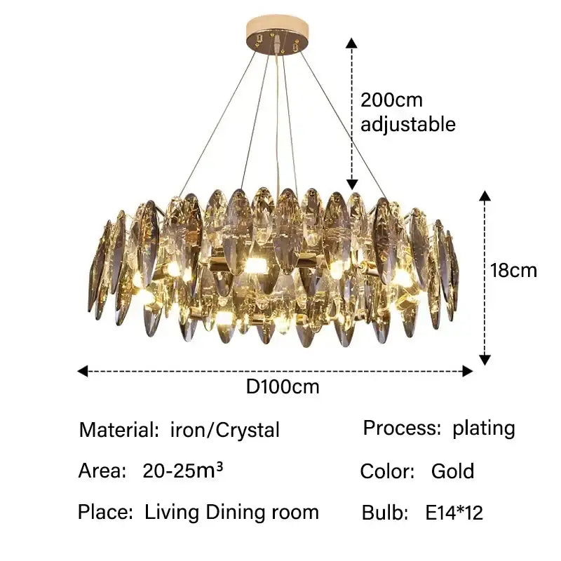 Modern gold crystal ceiling chandelier with circular crystal leaves 200cm height 100cm diameter decorbites crystal ceiling