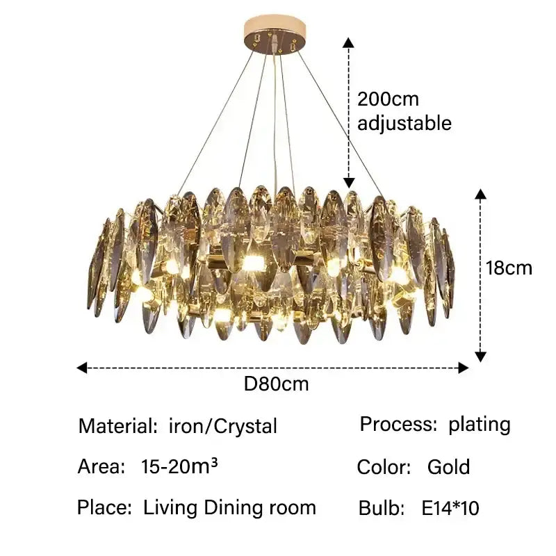 Modern gold crystal ceiling chandelier with leaf pendant shades and 200cm adjustable hanging length by decorbites crystal ceiling
