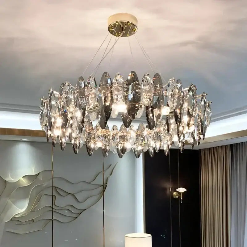 Modern gold crystal ceiling chandelier with cascading clear crystal teardrop pendants by decorbites crystal ceiling decor