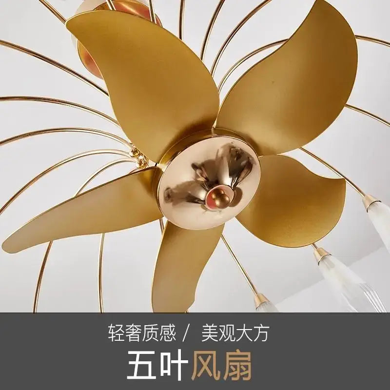 Modern gold crystal ceiling fan lights featuring a gold five-leaf design with sleek metallic fan lights for living rooms